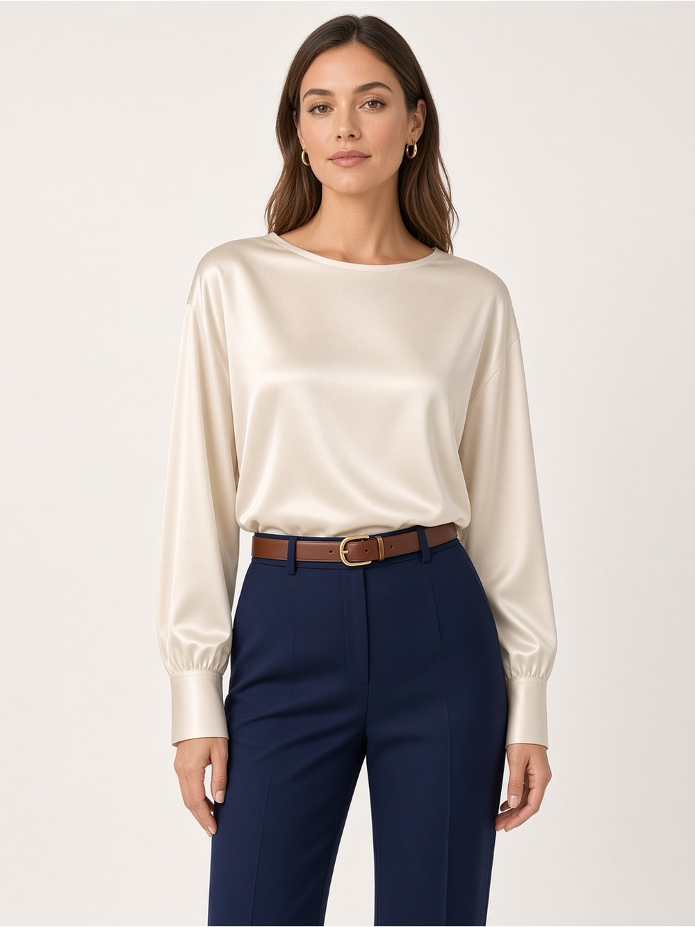 Satin Long-Sleeve Crewneck Top in Cream